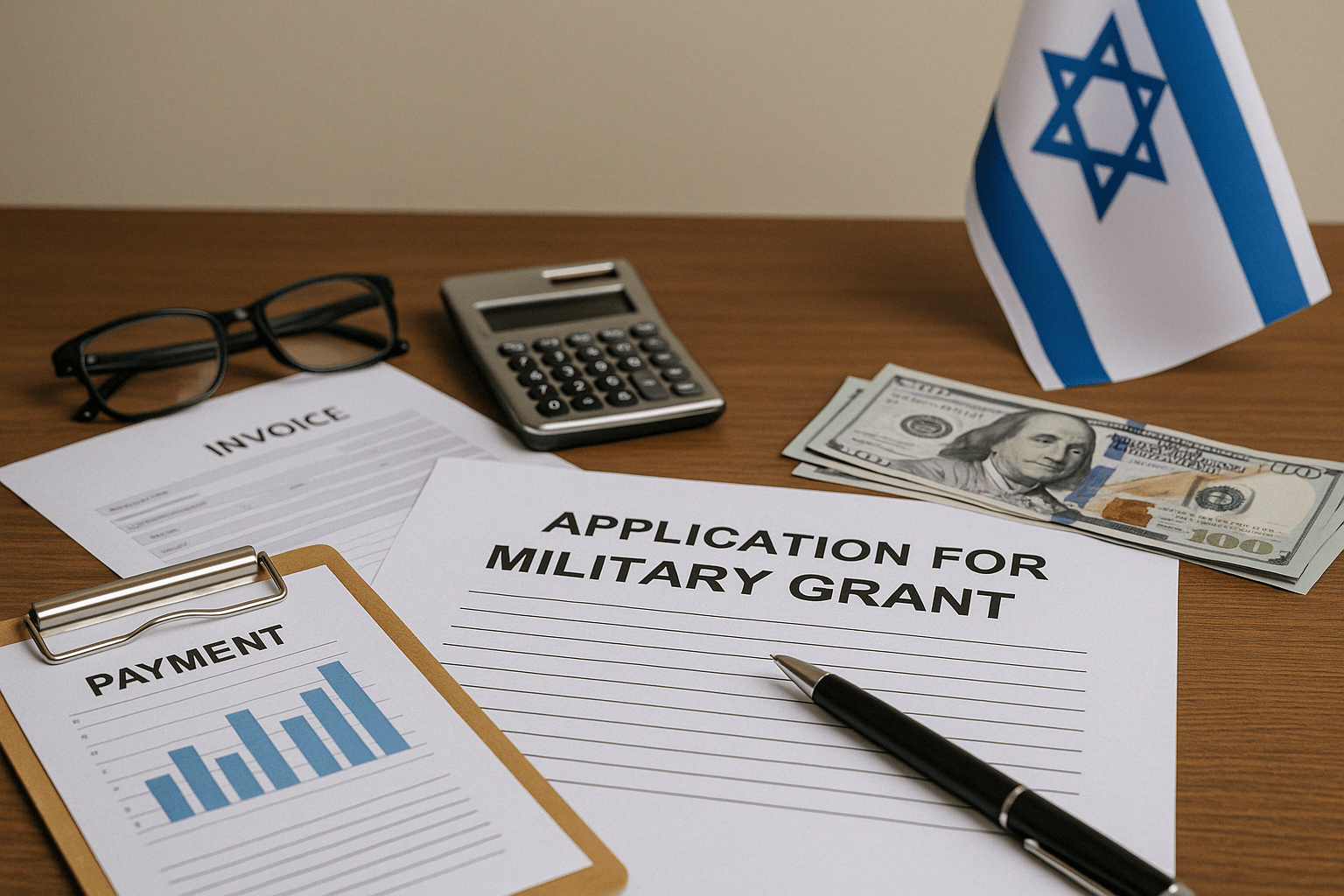 טופס בקשה למענק מילואים מונח על שולחן עץ לצד דגל ישראל, שטרות כסף, מחשבון, גרפים ומשקפיים.