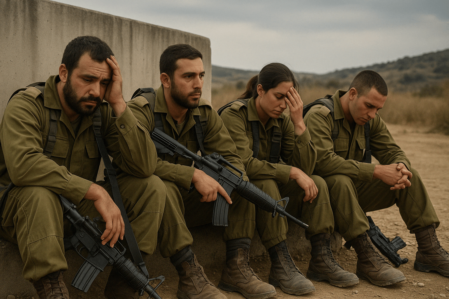 ארבעה חיילי מילואים של צה"ל במדים, יושבים מותשים על מדרגה בשטח פתוח, מבטאים עייפות נפשית ופיזית.