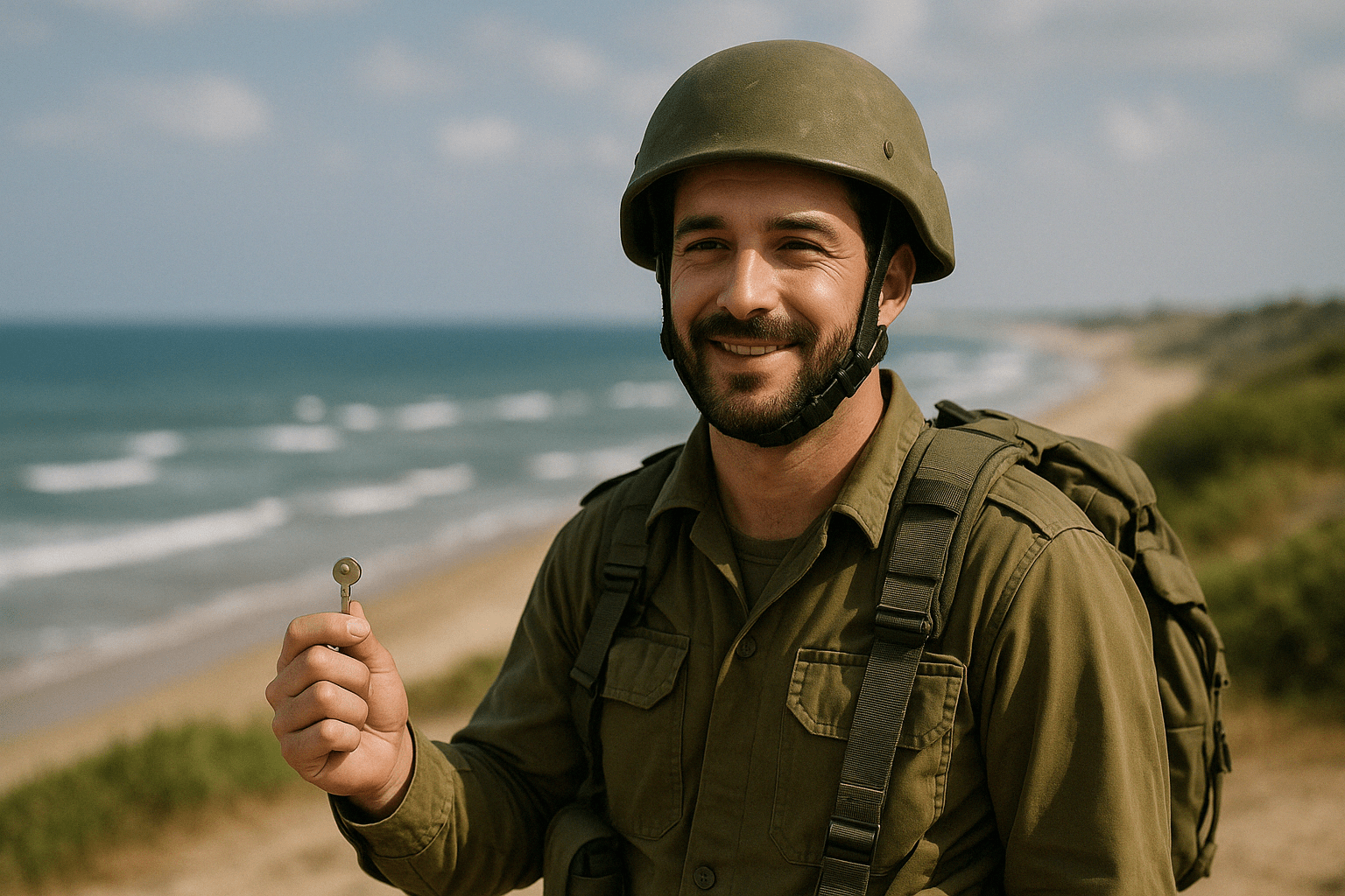 חייל ישראלי צעיר בחזית חוף ים, לובש מדים וקסדה, מחזיק מפתח קטן ביד ומחייך למצלמה, עם גלים ברקע.
