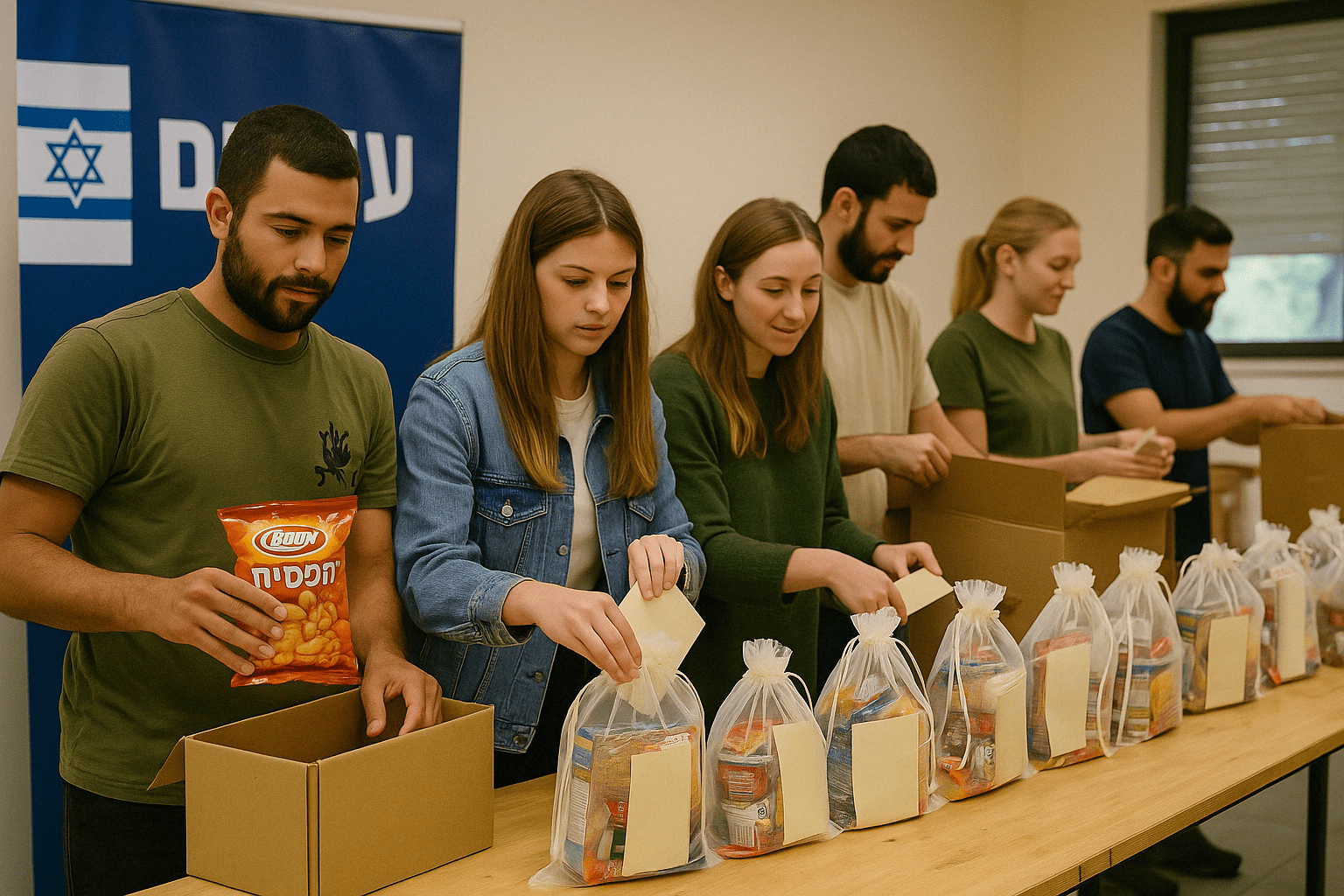 קבוצת מתנדבים צעירים אורזת מארזי שי למילואימניקים בחדר התנדבות, עם דגל ישראל תלוי ברקע.