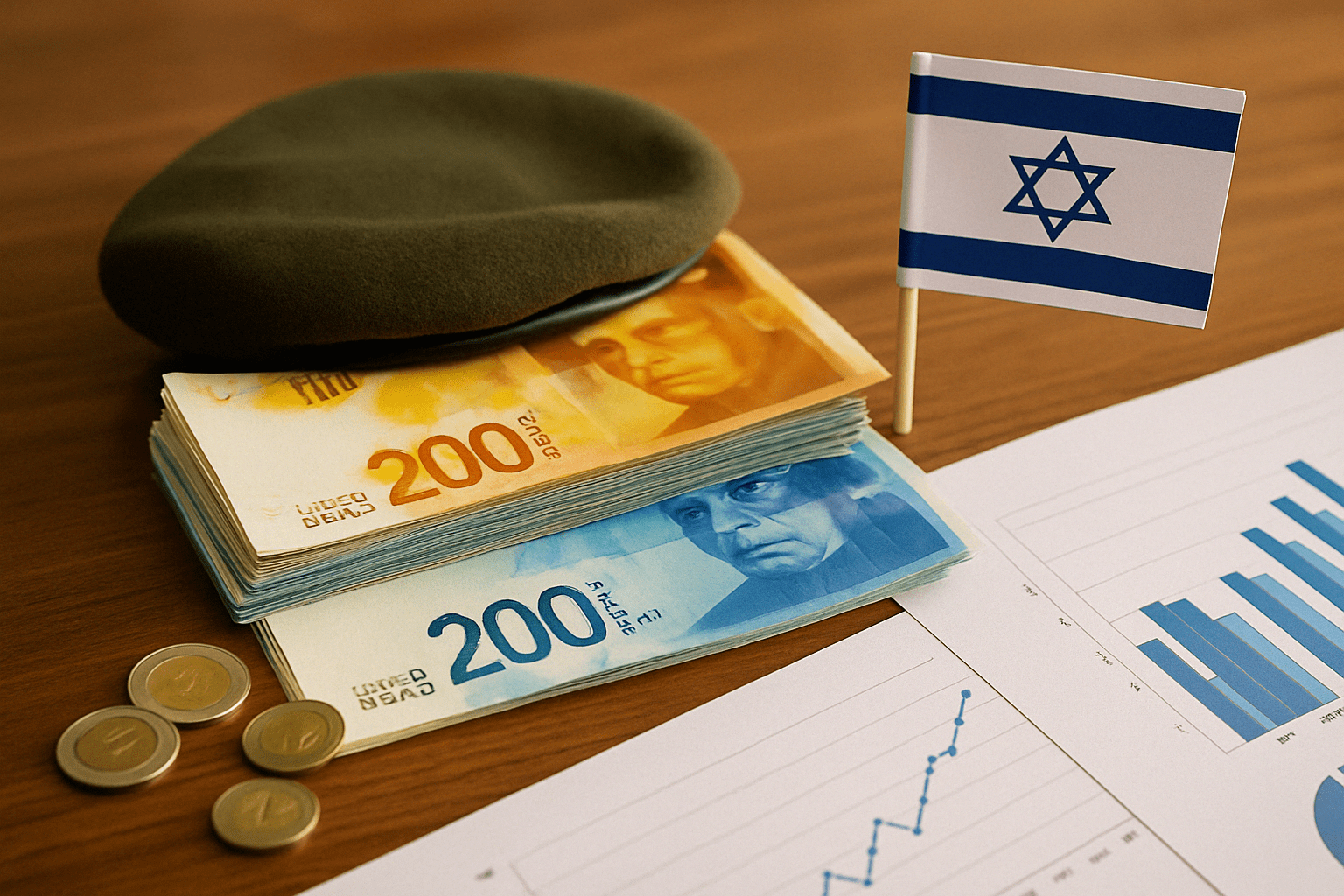 כומתת צה"ל ירוקה מונחת על שטרות של 200 ו-100 שקלים חדשים, לצד מטבעות, דגל ישראל וניירות עם גרפים כלכליים, על שולחן עץ מואר.